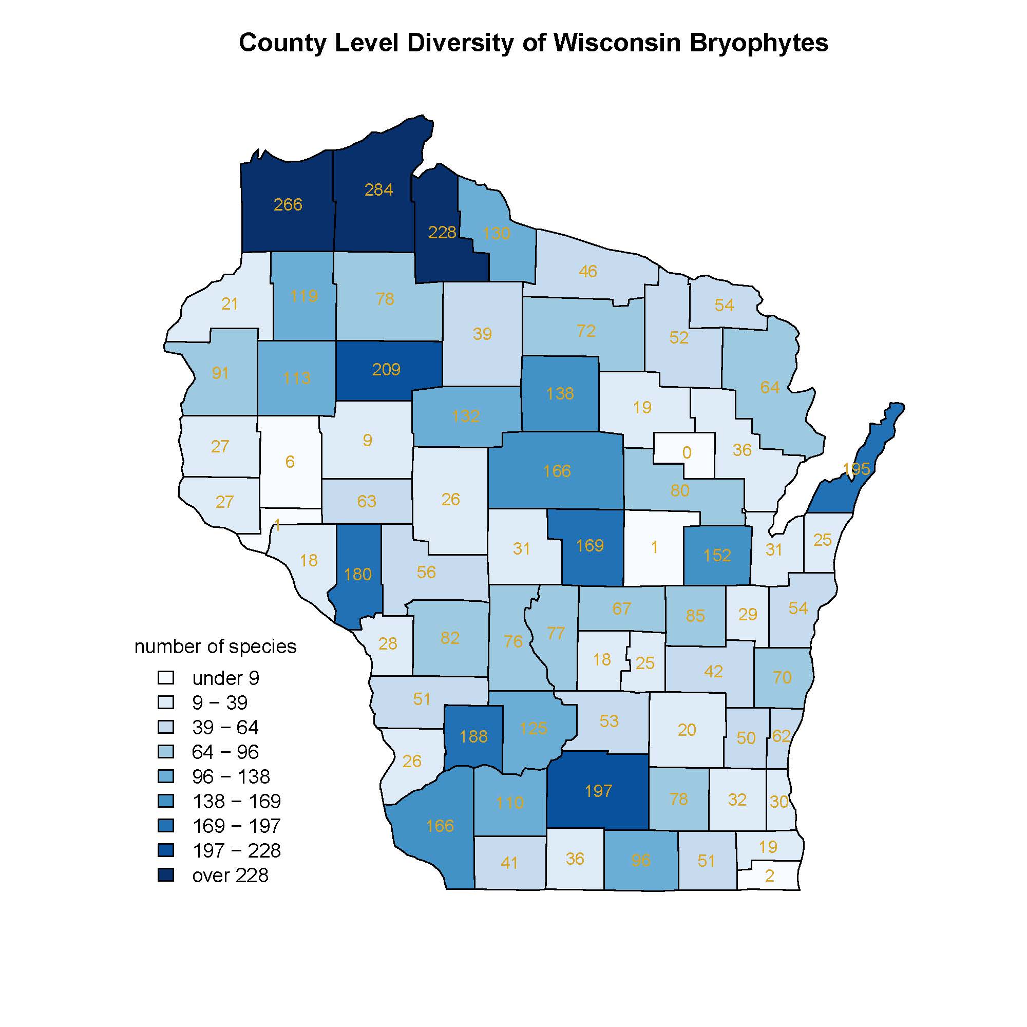 map of bryophyte density in Wisconsin